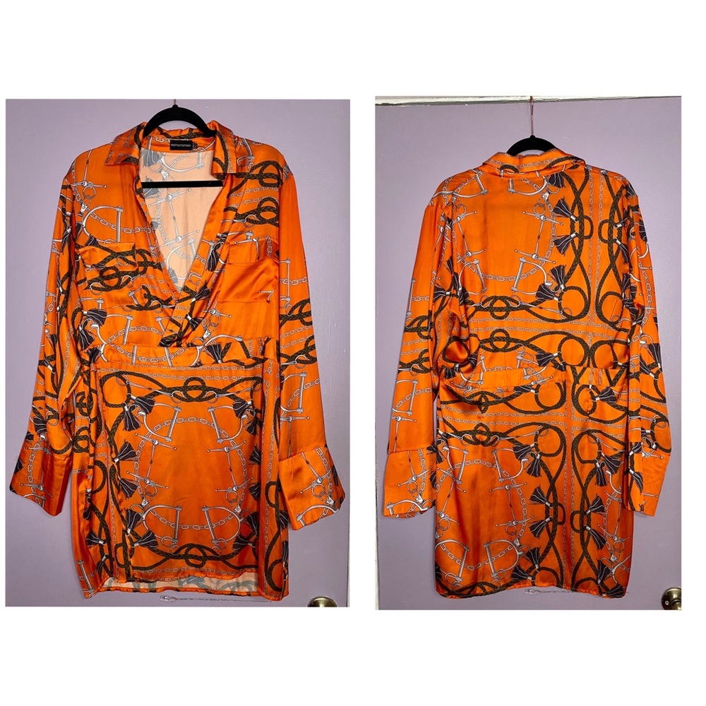 Prettylittlething Orange Printed Satin Long Sleeve Dress, size XL, Used